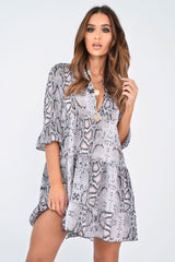 Beige Snake Satin Flute Sleeve Shift Dress - Khloey-Dresses