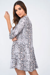 Beige Snake Satin Flute Sleeve Shift Dress - Khloey-Dresses