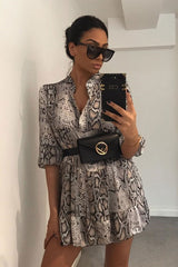 Beige Snake Satin Flute Sleeve Shift Dress - Khloey-Dresses