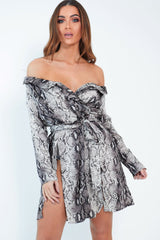 Beige Snake Satin Plunge Tie Waist Shirt Dress - Coletta-Dresses