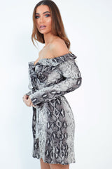 Beige Snake Satin Plunge Tie Waist Shirt Dress - Coletta-Dresses