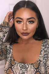 Beige Snake Scoop Neck Long Sleeve Bodysuit - Melody-Bodysuits