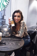 Beige Snake Scoop Neck Long Sleeve Bodysuit - Melody-Bodysuits