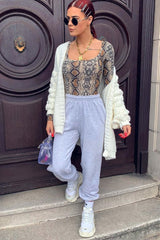 Beige Snake Scoop Neck Long Sleeve Bodysuit - Melody-Bodysuits