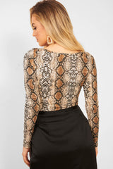 Beige Snake Scoop Neck Long Sleeve Bodysuit - Melody-Bodysuits