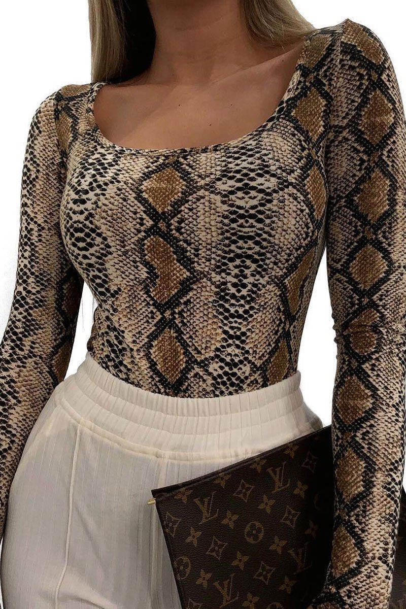 Beige Snake Scoop Neck Long Sleeve Bodysuit - Melody-Bodysuits