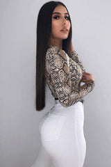 Beige Snake Scoop Neck Long Sleeve Top - Kenya-Tops