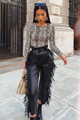 Beige Snake Scoop Neck Long Sleeve Top - Kenya-Tops