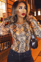Beige Snake Scoop Neck Long Sleeve Top - Kenya-Tops