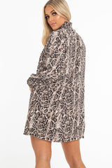 Beige Snake Shirred High Neck Shift Dress - Pamela-Dresses
