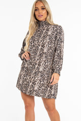 Beige Snake Shirred High Neck Shift Dress - Pamela-Dresses