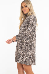 Beige Snake Shirred High Neck Shift Dress - Pamela-Dresses