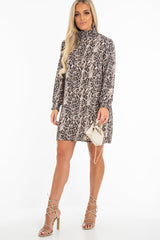 Beige Snake Shirred High Neck Shift Dress - Pamela-Dresses
