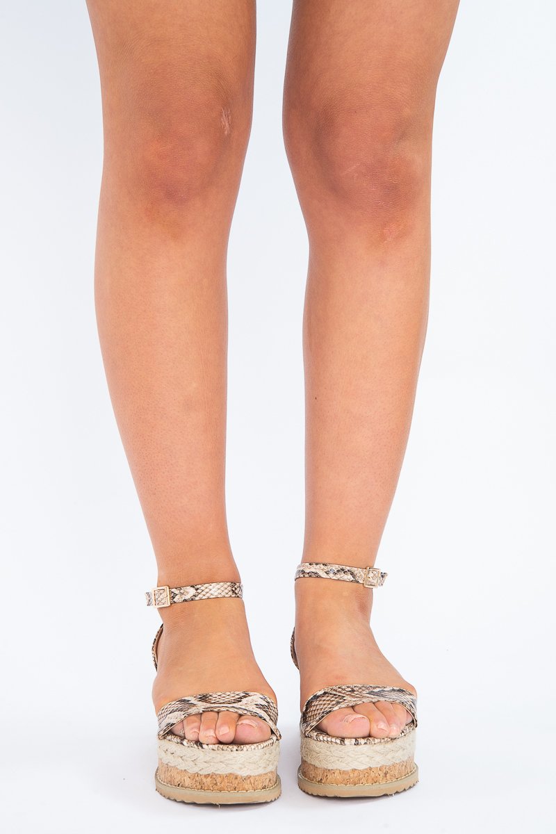 Beige Snake Strappy Platform Wedges - Bambi-Shoes