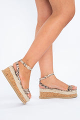 Beige Snake Strappy Platform Wedges - Bambi-Shoes