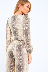 Beige Snake Tie Front Crop Top -Faye-Crop Tops