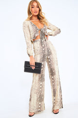 Beige Snake Wide Leg Trousers - Finley-Trousers