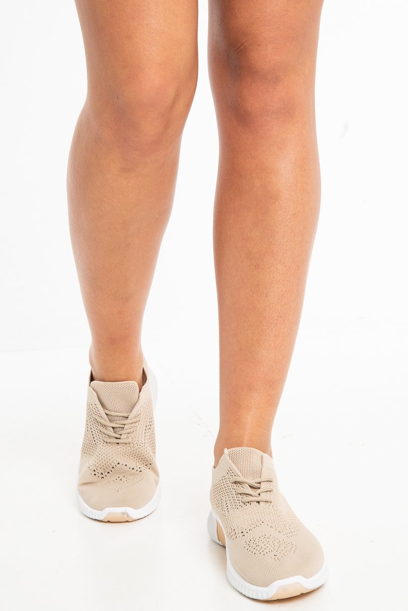 Beige Sock Fit Slip On Lace Trainers - Aleya-Trainers