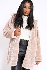 Beige Soft Faux Fur Hooded Coat - Kila-Jackets