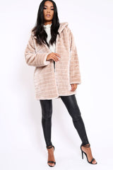 Beige Soft Faux Fur Hooded Coat - Kila-Jackets