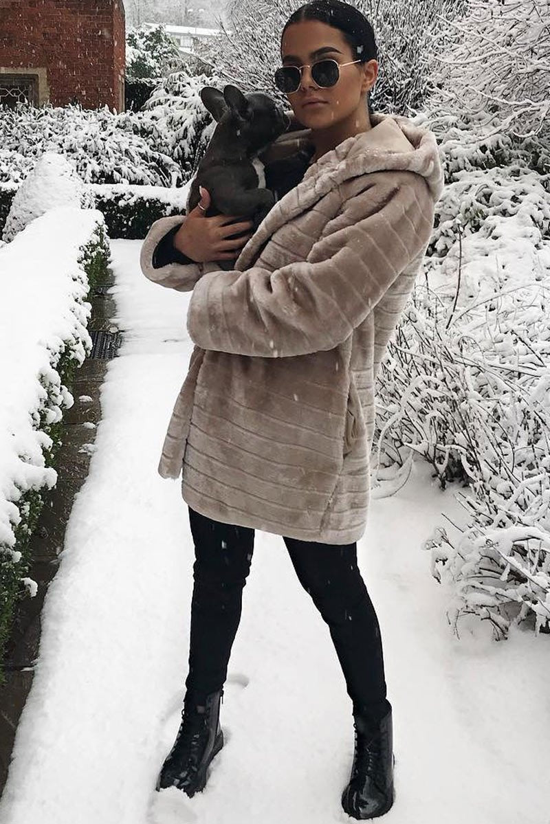 Beige Soft Faux Fur Hooded Coat - Kila-Jackets