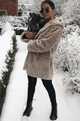 Beige Soft Faux Fur Hooded Coat - Kila-Jackets