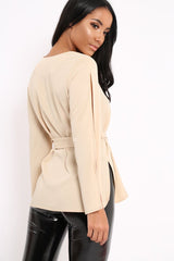 Beige Split Sleeve Top - Porter-Tops
