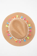 Beige Straw Rainbow Pom Pom Fedora - Kaliopi-Hats