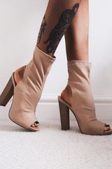 Beige Stretch Peep Toe Heeled Boots - Queen-Boots
