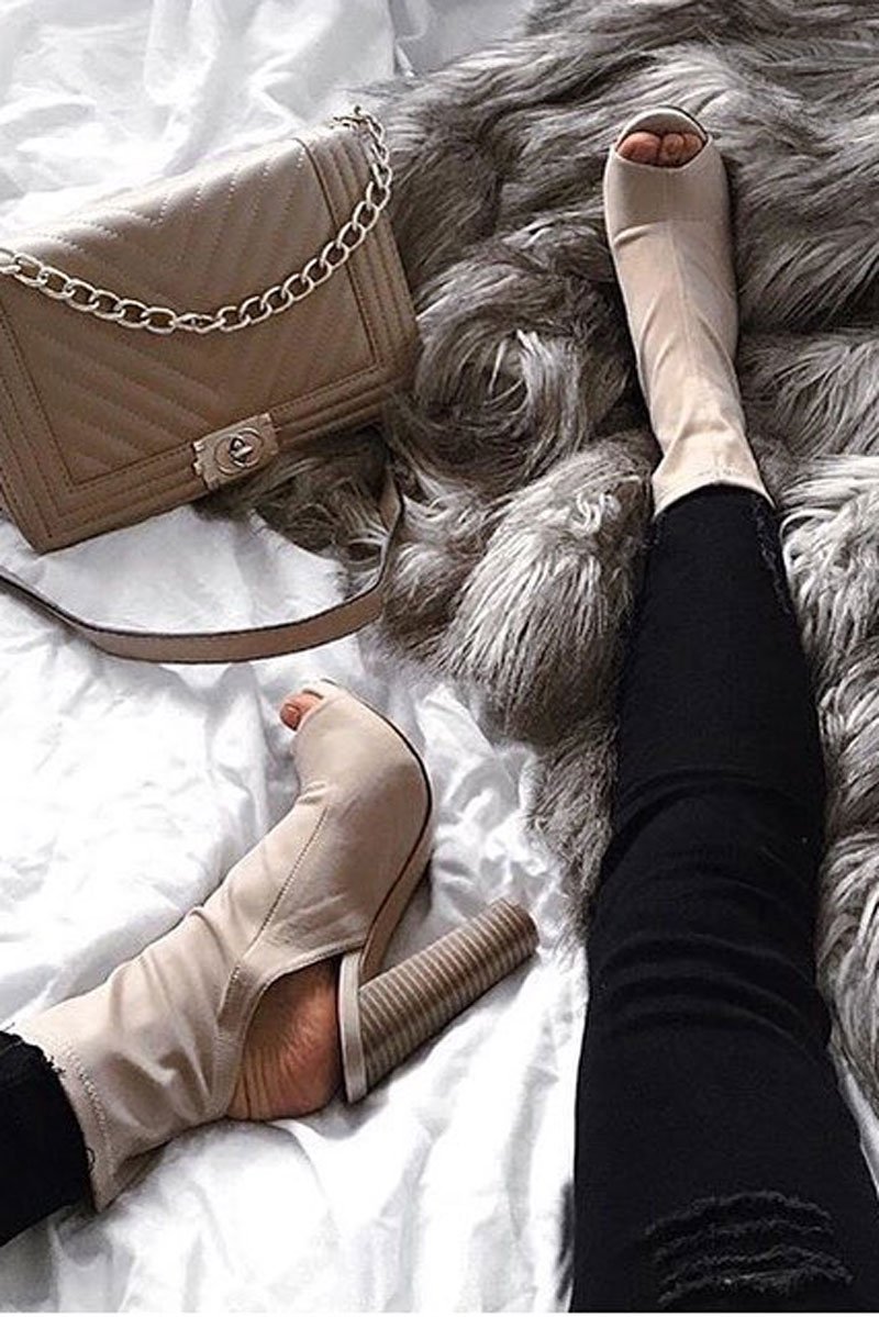 Beige Stretch Peep Toe Heeled Boots - Queen-Boots
