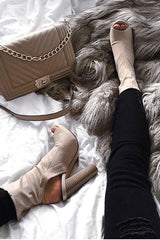 Beige Stretch Peep Toe Heeled Boots - Queen-Boots