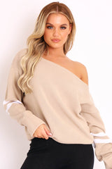 Beige Stripe Off Shoulder Knit Jumper - Fifi-Jumper
