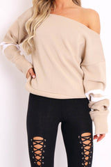 Beige Stripe Off Shoulder Knit Jumper - Fifi-Jumper