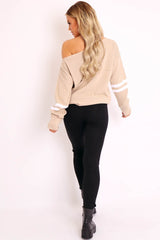 Beige Stripe Off Shoulder Knit Jumper - Fifi-Jumper