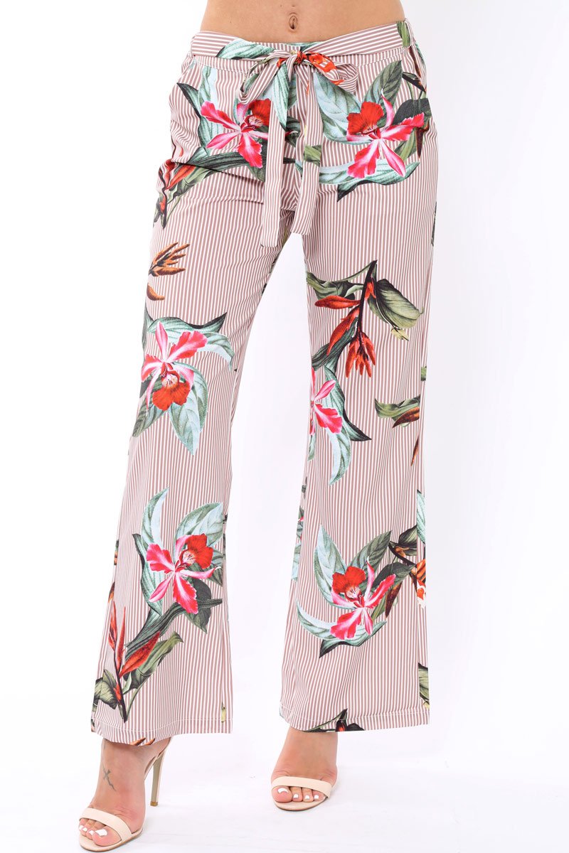 Beige Stripe trousers with floral print - Venice-Trousers