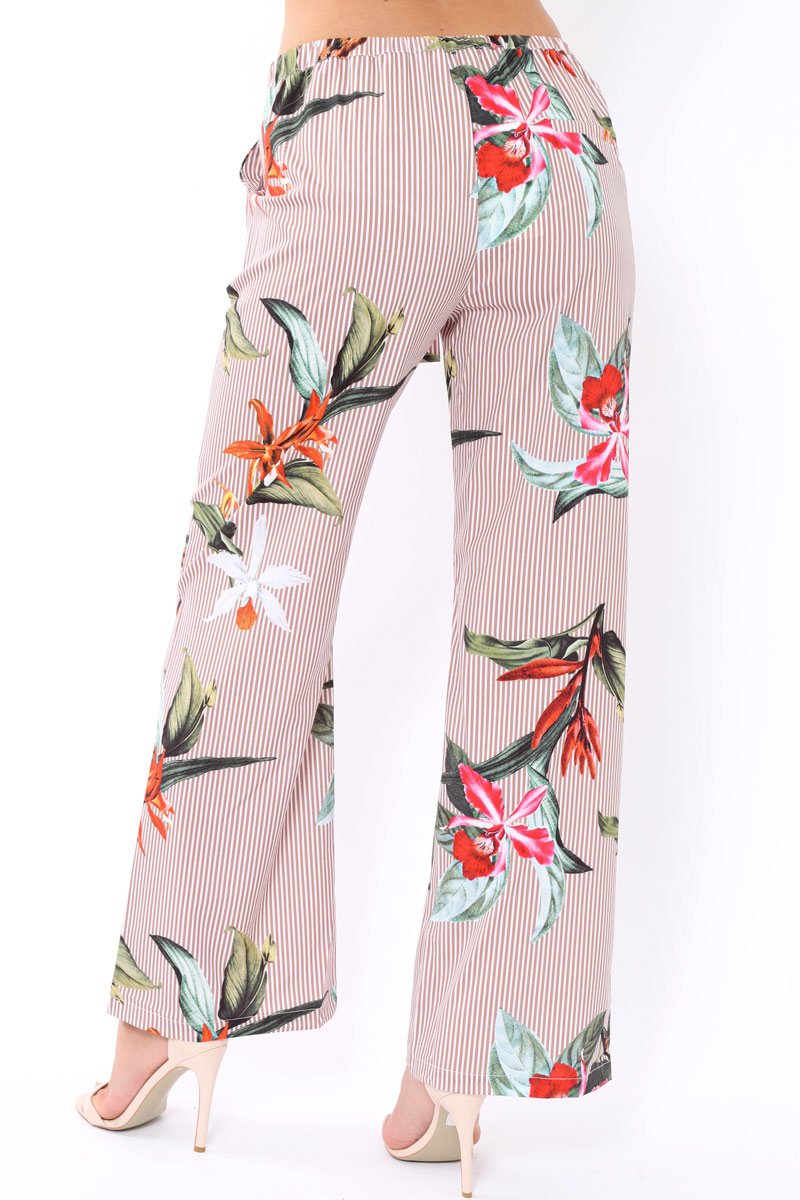 Beige Stripe trousers with floral print - Venice-Trousers