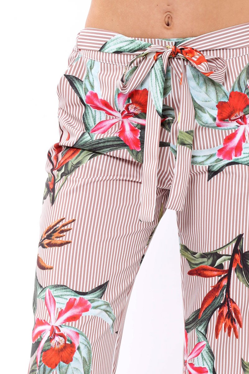 Beige Stripe trousers with floral print - Venice-Trousers