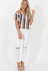 Beige Striped Bardot Top - Victoria-Tops