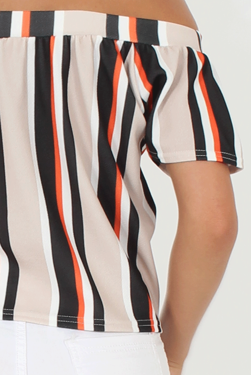Beige Striped Bardot Top - Victoria-Tops