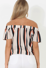 Beige Striped Bardot Top - Victoria-Tops