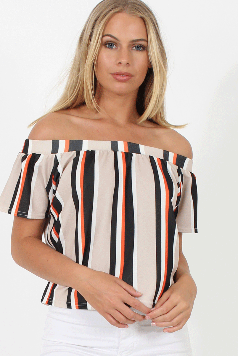 Beige Striped Bardot Top - Victoria-Tops