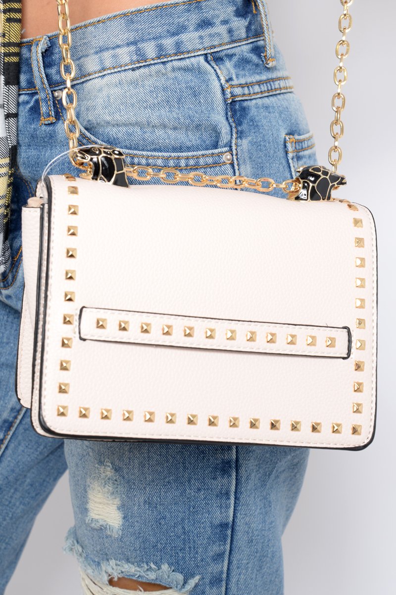 Beige Studded Animal Head Clutch Bag -Mona-Bags