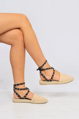 Beige Studded Cross Over Espadrilles -Zareen-Flats