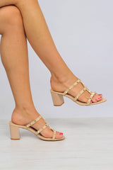 Beige Studded Heeled Sandals - Sakai-Sandals