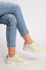 Beige Studded Lace Up Trainers - Ada-Trainers