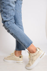 Beige Studded Lace Up Trainers - Ada-Trainers