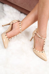 Beige Studded T-Bar Court Heels - Kiri-Heels