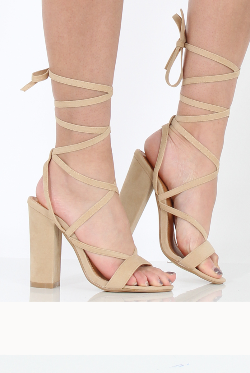Beige Suede Lace Up Block Heels - Ruby-Heels