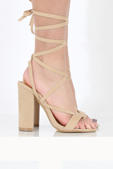 Beige Suede Lace Up Block Heels - Ruby-Heels