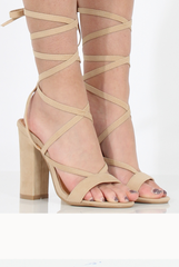 Beige Suede Lace Up Block Heels - Ruby-Heels